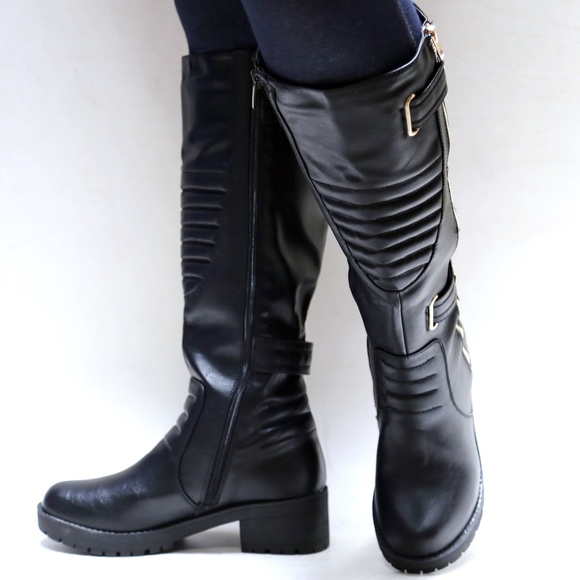 New Black Quilted Biker Riding Knee High Boot 6-7 - Picture 3 of 4